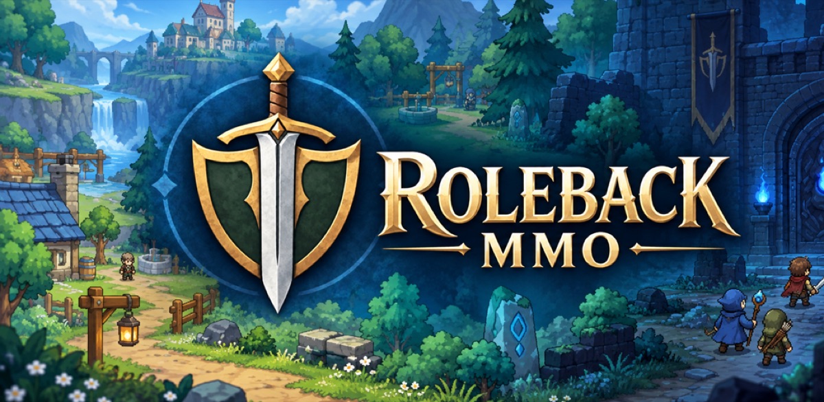 Roleback MMO : des aventuriers face à la forêt de Nyxayane et à son village fortifié.